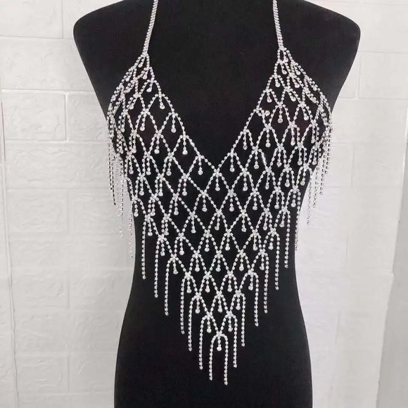 🌸 FRINGE DIAMOND NECKLACE FESTIVAL BIB CHUNK DIVA CHIC CLUB PARTY  TASSEL - Picture 3 of 6